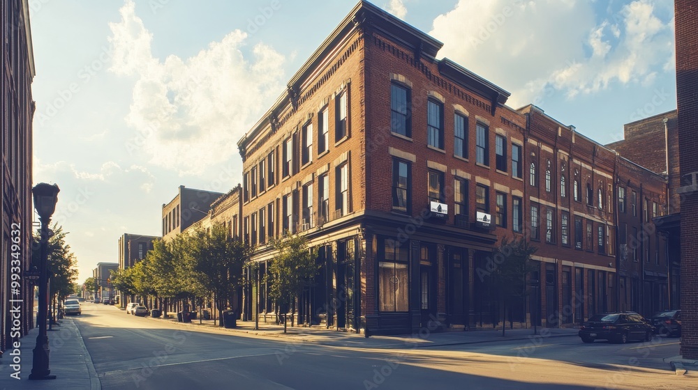 Obraz premium Vintage Brick Building on a City Street with Sunbeams and Blue Sky