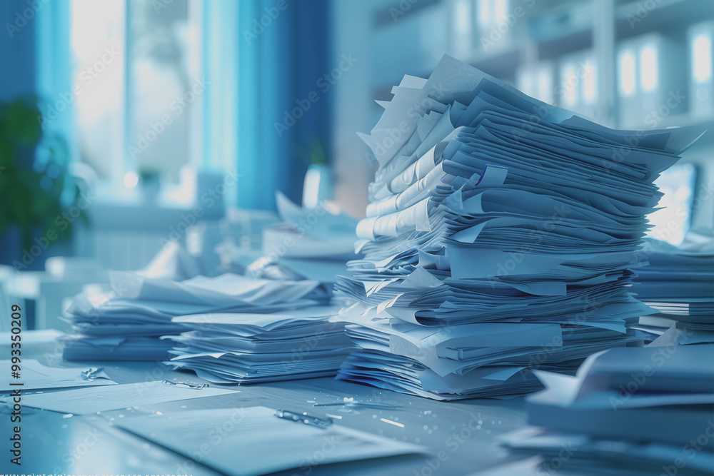 A bunch of documents on the desk in the minimalistic office.