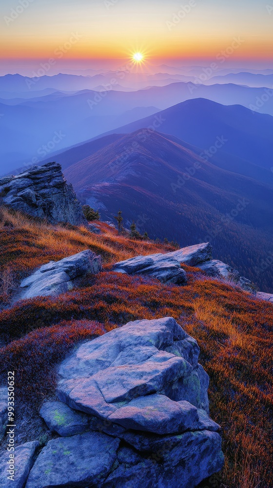 Obraz premium Panoramic view of mountain range during autumn sunrise