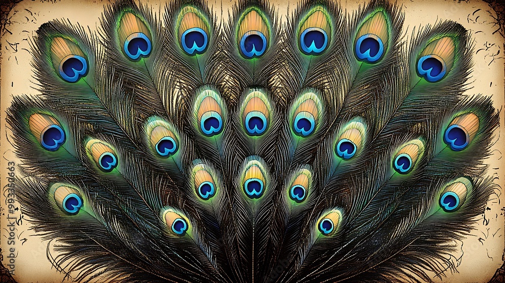 Obraz premium A collection of peacock feathers arranged in a circular pattern, each feather displaying its intricate textures and vibrant hues. The iridescent colors shimmer under soft lighting,