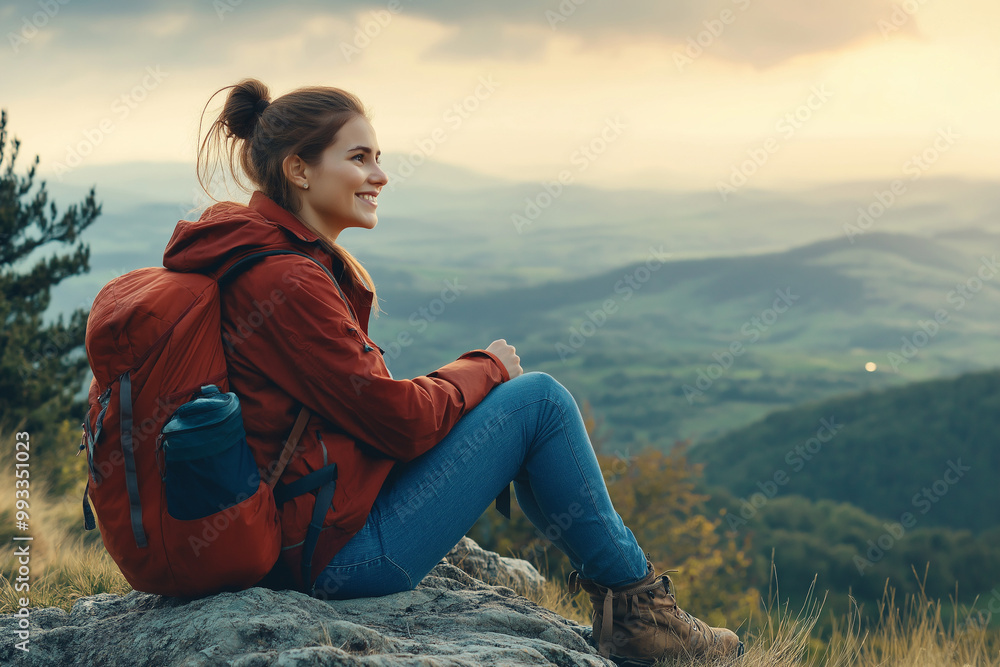 A woman with a backpack sits on a mountaintop, smiling, looking at a scenic view