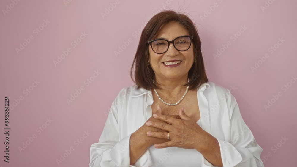 Beautiful mature hispanic woman with short hair and glasses smiling with hands on her chest against an isolated pink background.