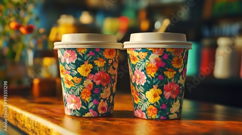 Vibrant floral-patterned single-use coffee cup