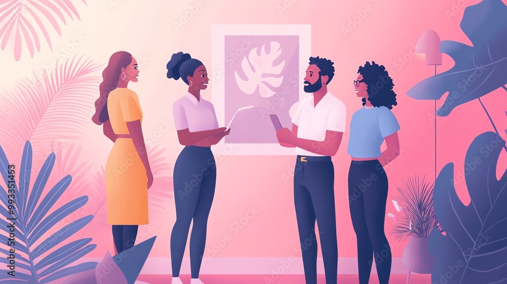 Group of diverse people engaged in conversation surrounded by greenery. Group of diverse people engaged in conversation surrounded by greenery.