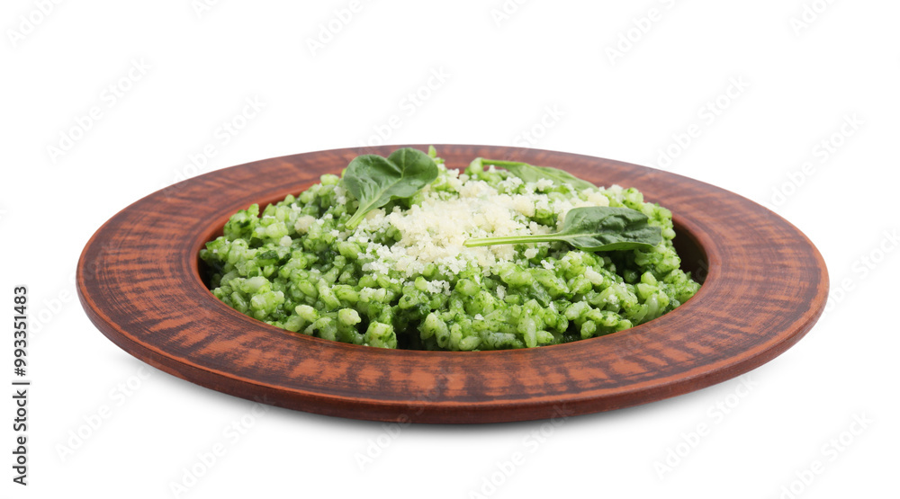 Delicious spinach risotto with parmesan cheese isolated on white