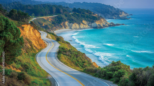 Fototapeta Naklejka Na Ścianę i Meble -  The pacific coast highway: a beautiful drive with ocean views and green hills on a sunny day