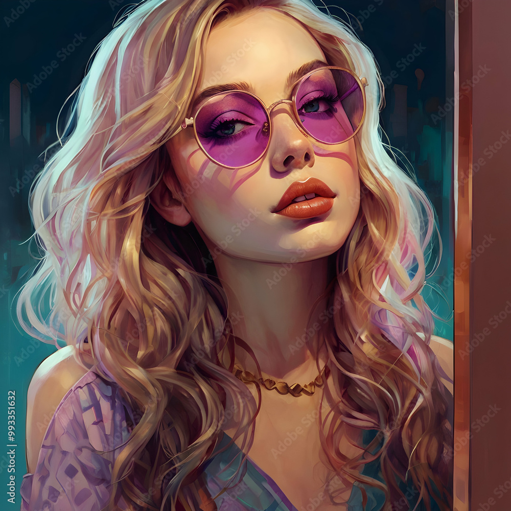 A captivatingly detailed close-up portrait of a striking woman wearing oversized glasses, which are the central focus of the image. Her glasses, featuring sleek reflective lenses and ornate metallic f A captivatingly detailed close-up portrait of a striking woman wearing oversized glasses, which are the central focus of the image. Her glasses, featuring sleek reflective lenses and ornate metallic f