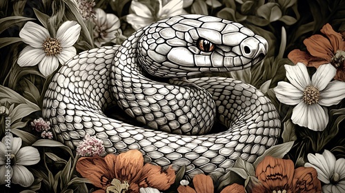 A detailed snake, its scales glistening in the sunlight, slithering through a lush field of blooming wildflowers. photo