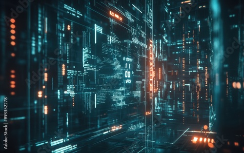 Wallpaper Mural Futuristic Digital Cityscape with Glowing Lines and Data Code - Abstract Technology Background. Torontodigital.ca