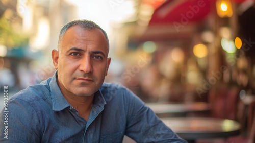 A man rests at an outdoor cafe table, gazing thoughtfully at the camera while surrounded by urban charm. The setting captures the vibrant atmosphere of a lively city on a sunny day.