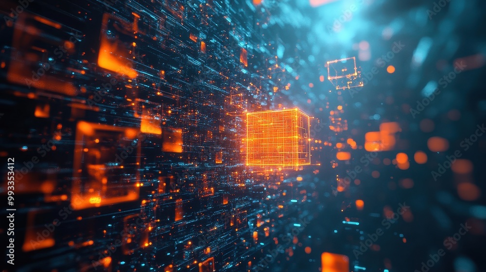 Abstract 3D Render of a Network of Glowing Orange and Blue Cubes. Abstract 3D Render of a Network of Glowing Orange and Blue Cubes.