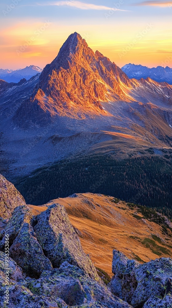 Obraz premium Panoramic view of mountain range during autumn sunrise