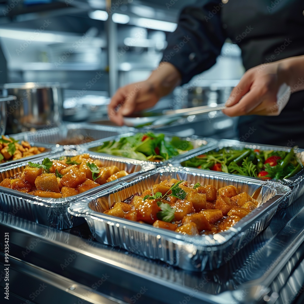 Obraz premium Close up of a chef preparing a meal in a commercial kitchen
