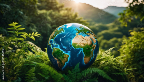 Fototapeta Naklejka Na Ścianę i Meble -  planet earth lies on moss in the forest. eco theme. ai generated