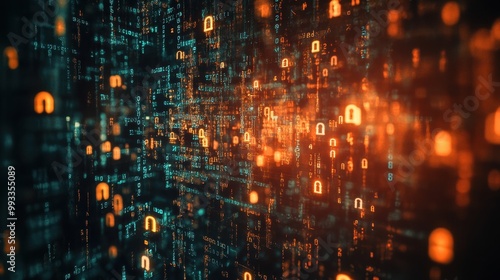 Wallpaper Mural Abstract Digital Data Stream with Glowing Lock Symbols - Cyber Security and Technology Concept. Torontodigital.ca