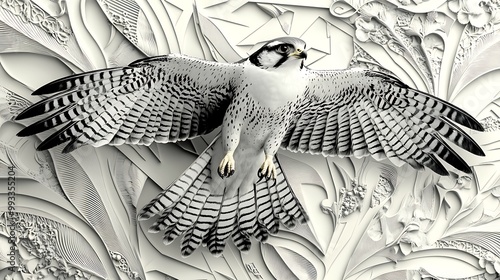 A falcon with outstretched wings flying through a field of sharp geometric patterns. The contrast between the intricate details of the bird’s feathers and the clean, photo