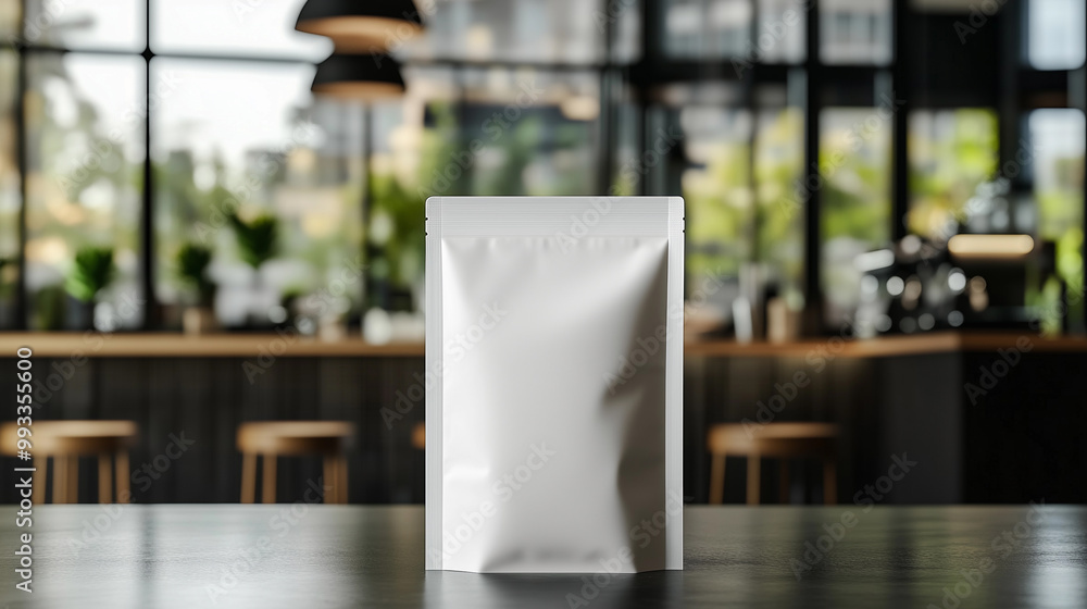 Mockup of white doypack with coffee, tea or spices on the kitchen table with a blurred kitchen background Mockup of white doypack with coffee, tea or spices on the kitchen table with a blurred kitchen background