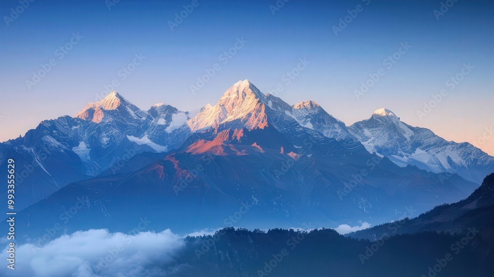 The sunrise illuminates a majestic mountain range with snow-capped peaks beneath a clear blue sky. The sunrise illuminates a majestic mountain range with snow-capped peaks beneath a clear blue sky.