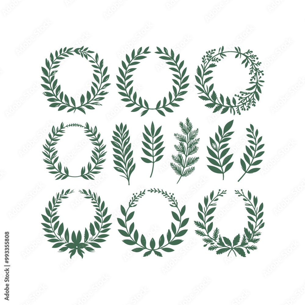 Set of wreaths and branches with leaves Hand drawing vector art illustration Set of wreaths and branches with leaves Hand drawing vector art illustration