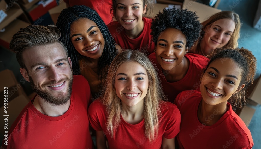 A diverse group of joyful individuals wearing red shirts, smiling and posing together. Perfect for teamwork and community themes.