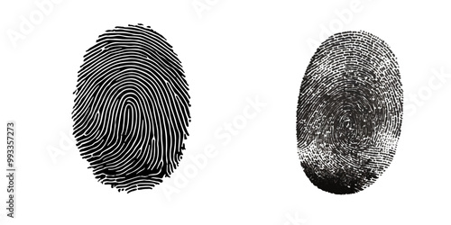 Vector black fingerprint in white  isolated. background.Fingerprint Icon, Finger Print Identity Symbol, Grunge Thumbprint Sign, Fingerprint Silhouette, ID Graphic Element, Touch Vector Illustration.