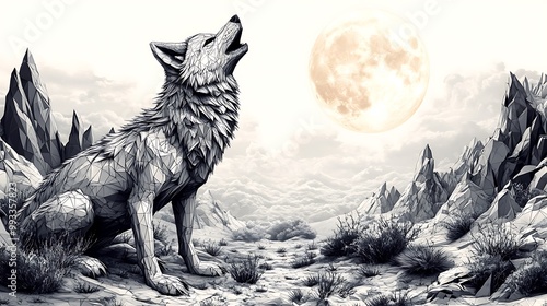 A futuristic wolf composed of geometric shapes, howling at a glowing full moon. The scene is set in a barren, abstract landscape with sharp angular rock formations and a clear night sky. photo