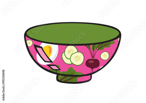 Cold beet soup plate pattern with egg, fresh herbs, cucumber and herbs. Isolated on white background.