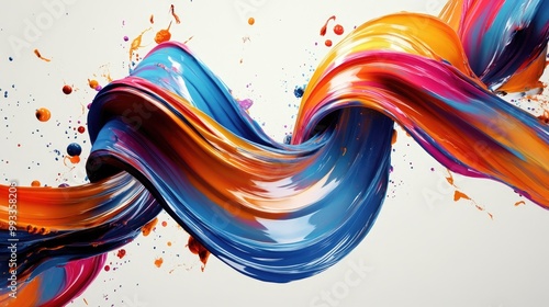 3D rendering of an abstract twisted brush stroke featuring paint splashes and splatters creating a colorful curl and artistic spiral with vivid ribbons