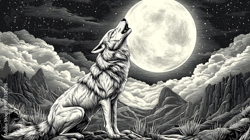 A geometric wolf howling at a large full moon, its angular body contrasted by the smooth, glowing moonlight. The background features jagged cliffs and a starry sky with subtle cosmic patterns. photo