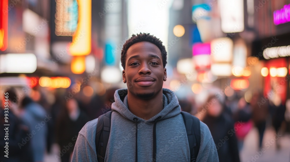 A young black man smiles warmly while standing amidst a crowded city street filled with bright neon lights at dusk. The atmosphere is lively, capturing the essence of urban life and excitement. A young black man smiles warmly while standing amidst a crowded city street filled with bright neon lights at dusk. The atmosphere is lively, capturing the essence of urban life and excitement.
