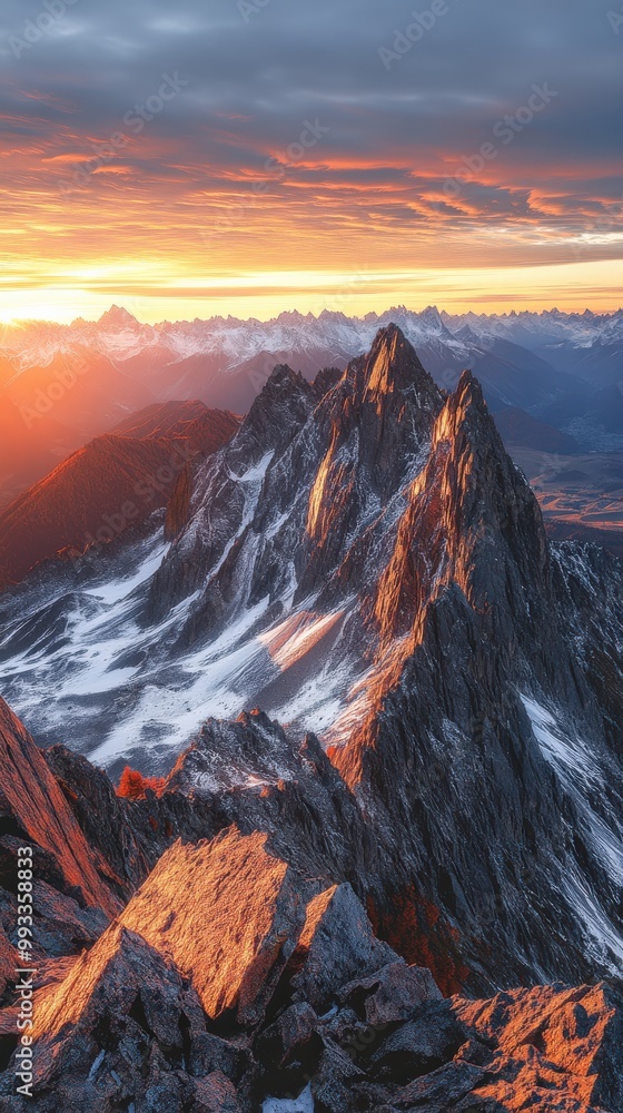 Fototapeta premium Panoramic view of mountain range during autumn sunrise