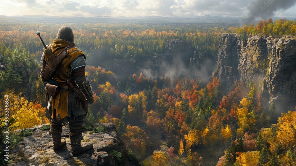 Heroic figure overlooking a vibrant autumn landscape from a rocky ledge. Heroic figure overlooking a vibrant autumn landscape from a rocky ledge.