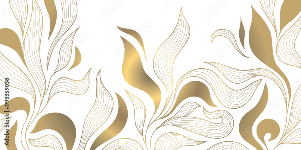 Vector gold on white leaf pattern, line abstract plant design, floral art deco graphic. Nature japanese ornament, luxury frame, cover. Vintage wave botanical illustration Vector gold on white leaf pattern, line abstract plant design, floral art deco graphic. Nature japanese ornament, luxury frame, cover. Vintage wave botanical illustration