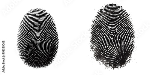 Vector black fingerprint in white  isolated. background.Fingerprint Icon, Finger Print Identity Symbol, Grunge Thumbprint Sign, Fingerprint Silhouette, ID Graphic Element, Touch Vector Illustration.
