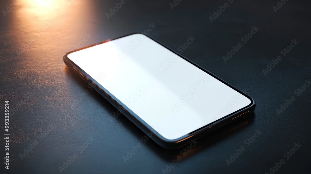 A modern black smartphone with a blank white screen lies on a textured black surface. A modern black smartphone with a blank white screen lies on a textured black surface.