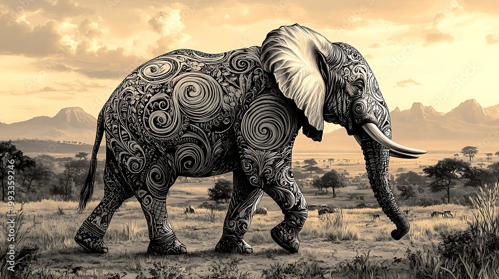 Fototapeta premium A grand elephant decorated with elaborate, swirling patterns, walking across a vast savanna at sunset. The background showcases distant mountains and golden skies, casting a warm glow on the scene.