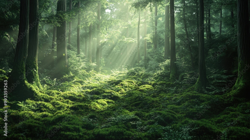 Obraz premium A 3D digital illustration of a lush forest covered in moss enhanced by filtered sunlight
