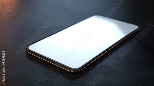 A black smartphone with a white blank screen on a textured black surface.