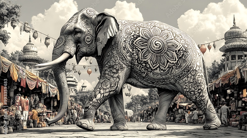 Fototapeta premium A grand elephant with swirling mandala designs etched into its skin, walking through a vibrant Indian market. The background is filled with colorful textiles and hanging lanterns, under a bright,