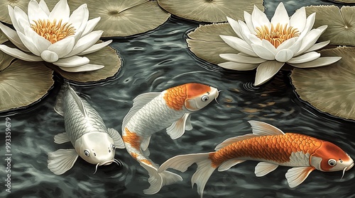 A group of colorful koi fish swimming peacefully beneath large water lilies in a tranquil pond. The water ripples gently around the fish, reflecting the bright sky and creating a peaceful atmosphere. photo