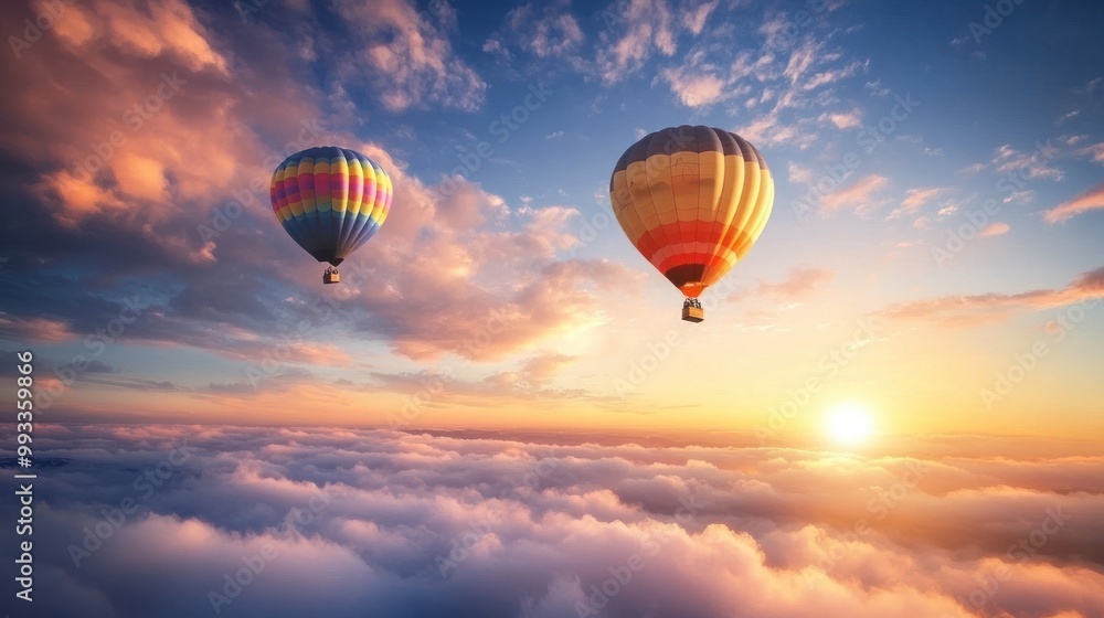 Two hot air balloons flying over a sea of clouds at sunset. Two hot air balloons flying over a sea of clouds at sunset.