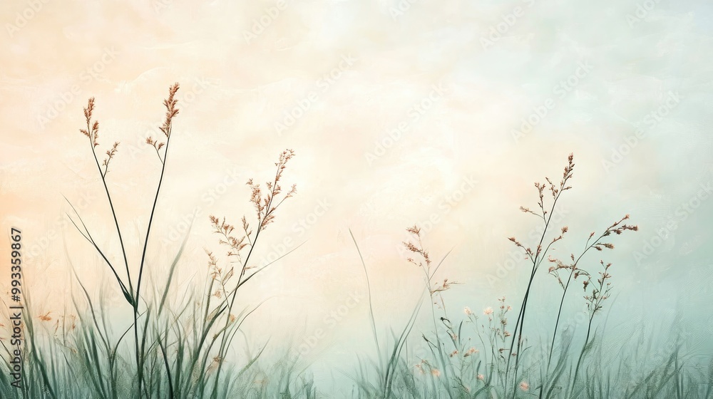 Gentle breeze swaying grass and flowers against a misty morning sky Serene and tranquil scene embodies a minimalistic zen atmosphere with pastel spring hues Gentle breeze swaying grass and flowers against a misty morning sky Serene and tranquil scene embodies a minimalistic zen atmosphere with pastel spring hues