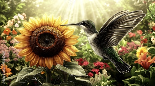 A hummingbird with finely detailed wings, hovering close to a vibrant sunflower in a garden. The background is filled with colorful flowers and lush greenery, photo