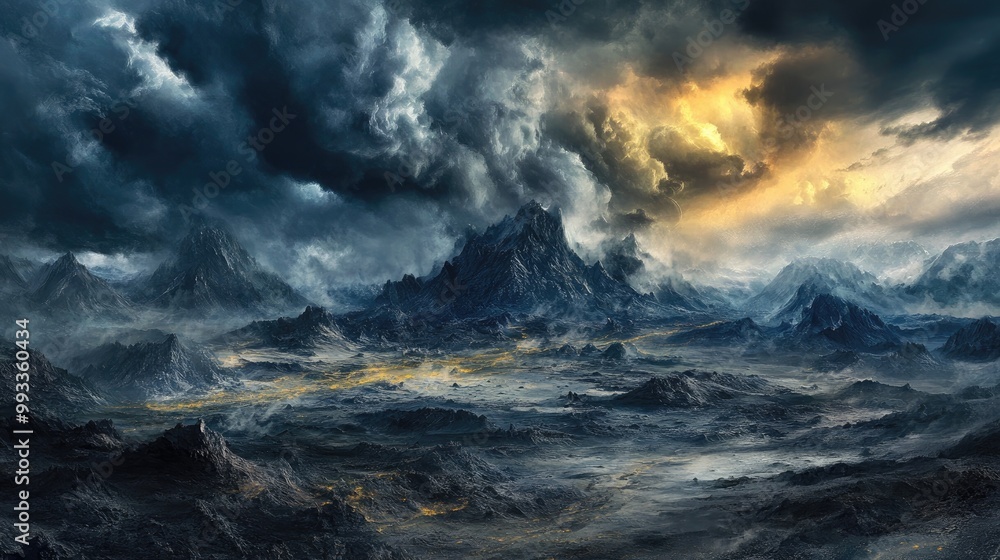Fantasy artwork depicting a stunning black sand desert and mountainous landscapes beneath foreboding storm clouds Fantasy artwork depicting a stunning black sand desert and mountainous landscapes beneath foreboding storm clouds