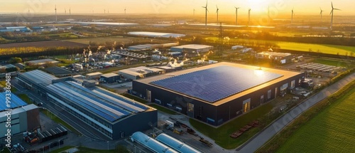 Aerial view of an industrial area with solar panels, wind turbines, and a sunset, showcasing renewable energy and modern infrastructure. photo