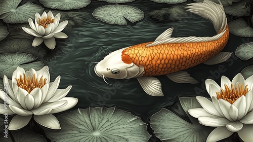 A koi fish swimming gracefully in a pond filled with water lilies, its bright scales contrasting against the deep green water. The flowers gently float on the surface, photo