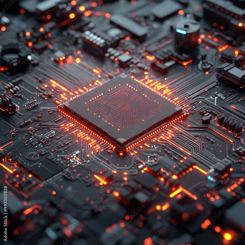 Closeup of a Modern Computer Processor with Glowing Red Circuits - High Tech Background Closeup of a Modern Computer Processor with Glowing Red Circuits - High Tech Background