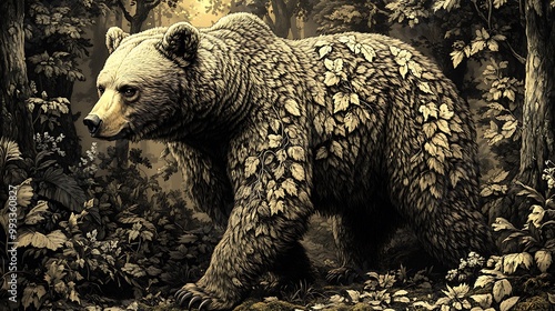 A large bear with detailed, textured fur strolling through a lush forest at dusk. The forest floor is covered with leaves and moss, photo