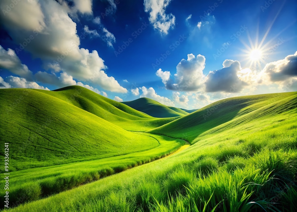 Obraz premium Lush Green Grass Gently Rolling Over a Serene Hill Under a Bright Blue Sky on a Sunny Day