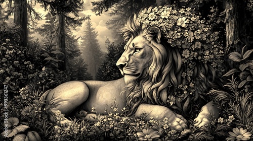 A lion with a majestic mane made of delicate, blooming flowers, resting in a mystical forest. The background is filled with tall trees and dappled sunlight, photo